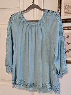 3 For $25 Zac & Rachel Aqua Blue Crochet-Trim Peasant Top